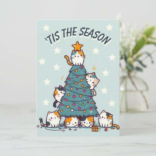 ブルー'この季節の三毛猫のクリスマスツリー シーズンカード (スタンド正面)