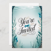 ブルーさくらんぼエビ結婚式パーティー招待状 招待状 (正面/裏面)