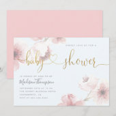 ブルーさくらんぼブロッサム金ゴールドスクリプトフローラ赤ちゃんシャワー 招待状 (正面/裏面)