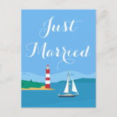 ブルーたった今結婚しましたライトハウス&シルボー結婚ト 案内ポストカード (正面)