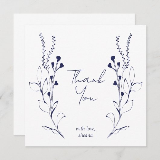 ブルーつる植物&フラワーズブライダルシャワーサンキューカード 招待状 (正面/裏面)