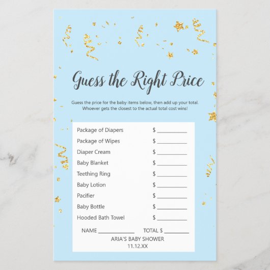 ブルーでゴールドのお祝い 正しい価格を当ててみて チラシ (正面)