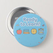 ブルーで学ぶ準備ができた かわいい新学期 缶バッジ (正面&裏面)