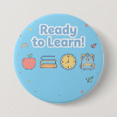 ブルーで学ぶ準備ができた かわいい新学期 缶バッジ (正面)