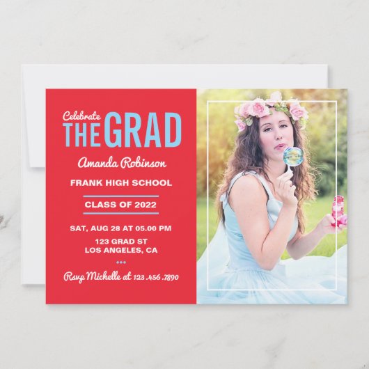 ブルーとさくらんぼレッド卒業パーティーの写真 招待状 (正面)