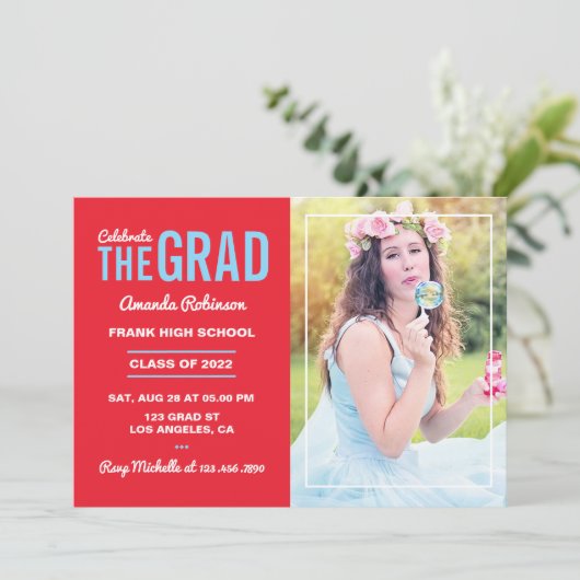 ブルーとさくらんぼレッド卒業パーティーの写真 招待状 (スタンド正面)