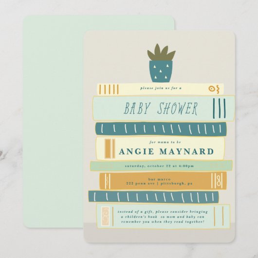 ブルーとアイボリーの本 赤ちゃんのためのベビーシャワー 招待状 (正面/裏面)