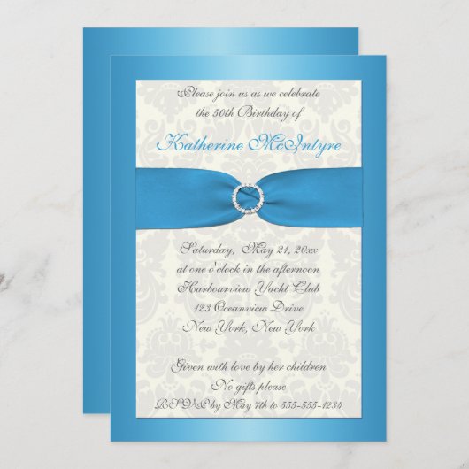 ブルーとアイボリーダマスク50番目の誕生日招待状 招待状 (正面/裏面)