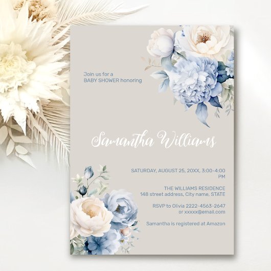 ブルーとアイボリーフローラ女の子の赤ちゃんシャワーの招待 招待状