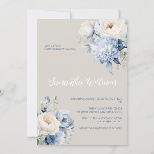 ブルーとアイボリーフローラ女の子の赤ちゃんシャワーの招待 招待状 (正面)