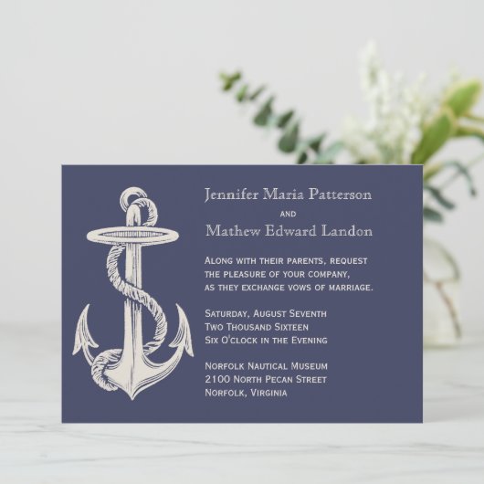 ブルーとアイボリーヴィンテージいかり結婚式招待状 招待状 (スタンド正面)