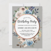 ブルーとアイボリー素朴フローラ誕生会 招待状 (正面)