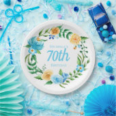 ブルーとイエローのお花の70歳の誕生日 ペーパープレート (パーティー)