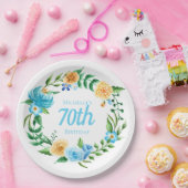 ブルーとイエローのお花の70歳の誕生日 ペーパープレート (パーティー)