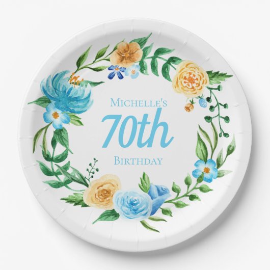 ブルーとイエローのお花の70歳の誕生日 ペーパープレート (正面)