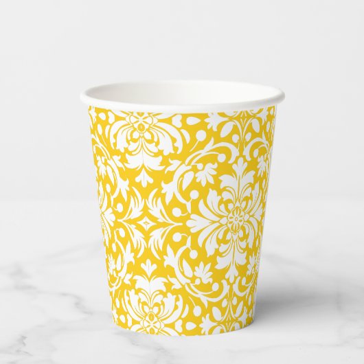 ブルーとイエローのエレガントなフェミニンなダマスク柄 紙コップ (裏面)