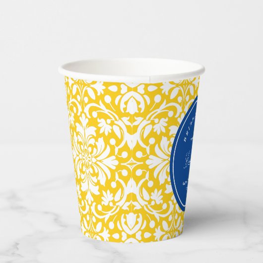 ブルーとイエローのエレガントなフェミニンなダマスク柄 紙コップ (右)