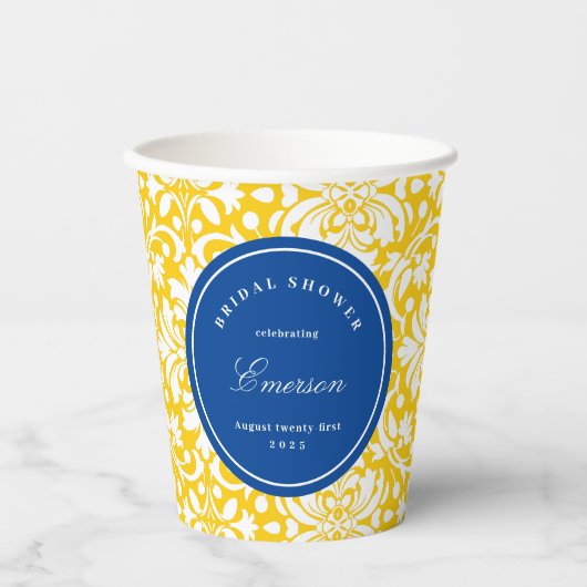 ブルーとイエローのエレガントなフェミニンなダマスク柄 紙コップ (正面)