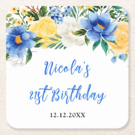 ブルーとイエローの花の誕生日 スクエアペーパーコースター