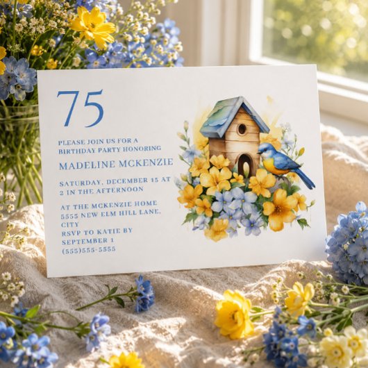 ブルーとイエローの花の鳥小屋 75歳の誕生日 招待状