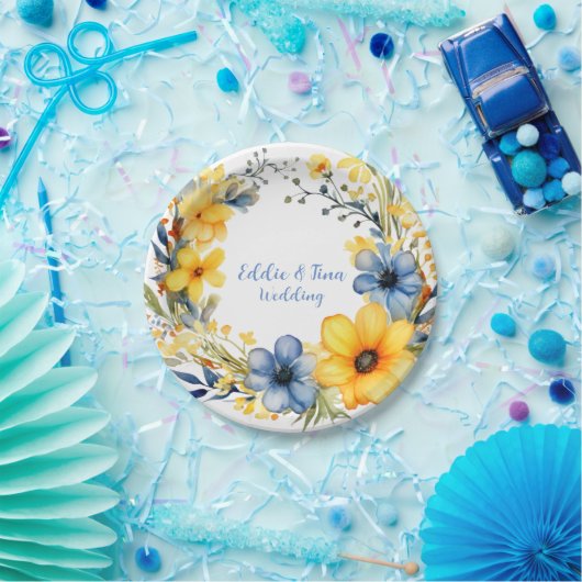 ブルーとイエローピーニーリース結婚フローラ ペーパープレート (パーティー)