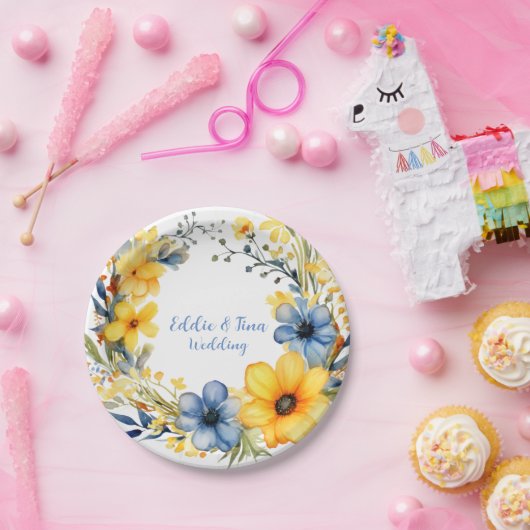ブルーとイエローピーニーリース結婚フローラ ペーパープレート (パーティー)