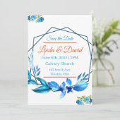 ブルーとオレンジのウェディング・セーブ・ザ・デート 招待状 (スタンド正面)