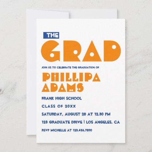 ブルーとオレンジのタイポグラフィ卒業パーティー 招待状 (正面)