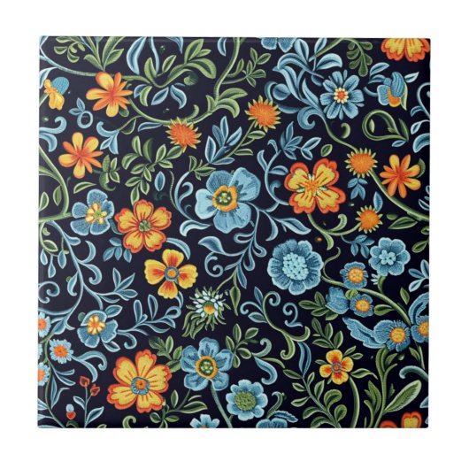 ブルーとオレンジの花の繊細なフラワーアート タイル (正面)
