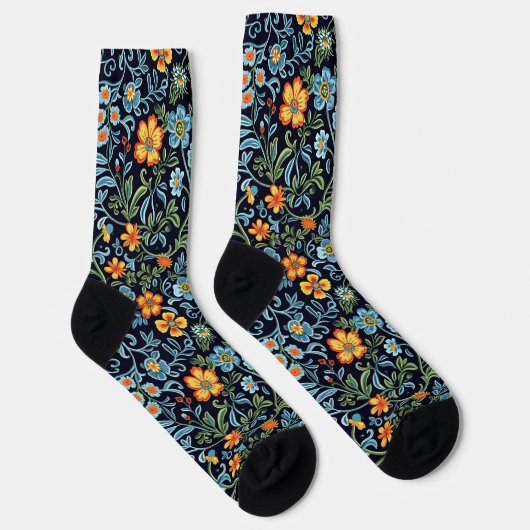 ブルーとオレンジの花の複雑なフラワーアート ソックス (右)