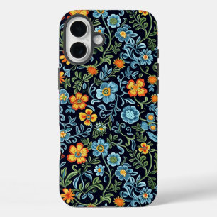ブルーとオレンジの花の複雑なフラワーアート iPhone 16 PLUSケース