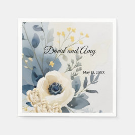 ブルーとクリームとホワイトフローラカクテルナプキン スタンダードカクテルナプキン