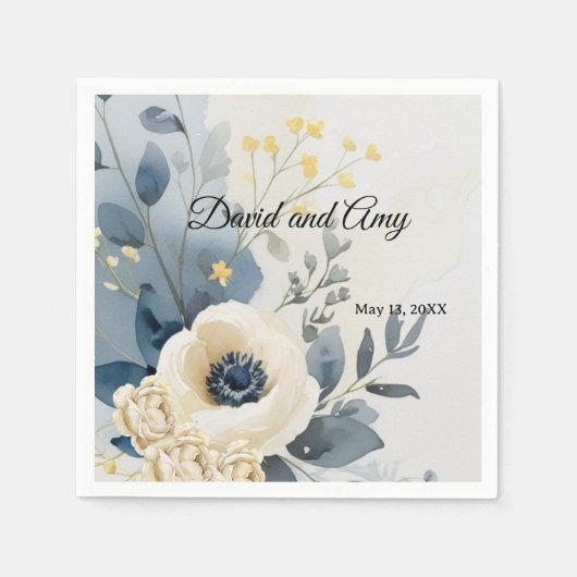 ブルーとクリームとホワイトフローラカクテルナプキン スタンダードカクテルナプキン (正面)