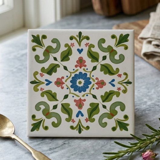 ブルーとグリーンのフォークアートの花の装飾用陶磁器 タイル