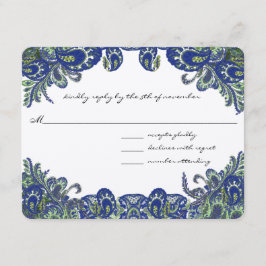 ブルーとグリーンの孔雀の結婚式 出欠カード