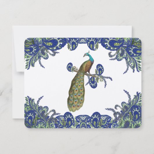 ブルーとグリーンの孔雀の結婚式 出欠カード (裏面)
