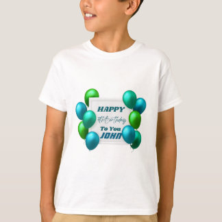 ブルーとグリーンの風船 4歳の誕生日 カスタムネーム Tシャツ