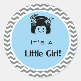 ブルーとグレーのシェブロンのステッカーです。女の子のお知らせに。 ラウンドシール