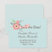 ブルーとコーラル フラワー ウェディング セーブ・ザ・デート カード (正面/裏面)