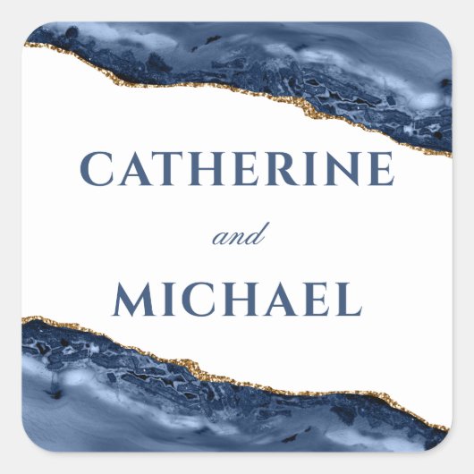 ブルーとゴールドのアゲートボーダー ウェディング フェイバー スクエアシール (正面)