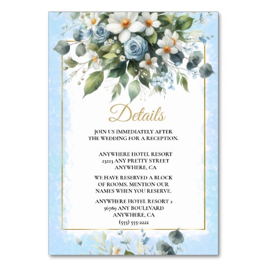 ブルーとゴールドのエレガントな花のラスティック水彩招待状 テーブルナンバー (正面)