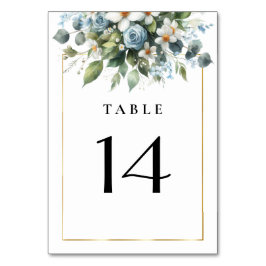 ブルーとゴールドのエレガントな花のラスティック水彩 テーブルナンバー