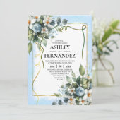 ブルーとゴールドのエレガントな花のラスティック水彩 招待状 (スタンド正面)