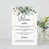 ブルーとゴールドのエレガントな花のルースティック ウォーターカラーメニュー (スタンド正面)