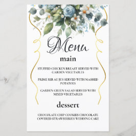 ブルーとゴールドのエレガントな花のルースティック ウォーターカラーメニュー