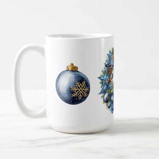 ブルーとゴールドのクリスマスリース コーヒーマグカップ (左)