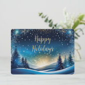 ブルーとゴールドのハッピーホリデー 5x7 パールシマー シーズンカード (スタンド正面)