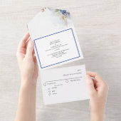 ブルーとゴールドのフレーム水彩花 オールインワン招待状 (貼ってはがせる)