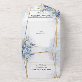 ブルーとゴールドのフレーム水彩花 オールインワン招待状