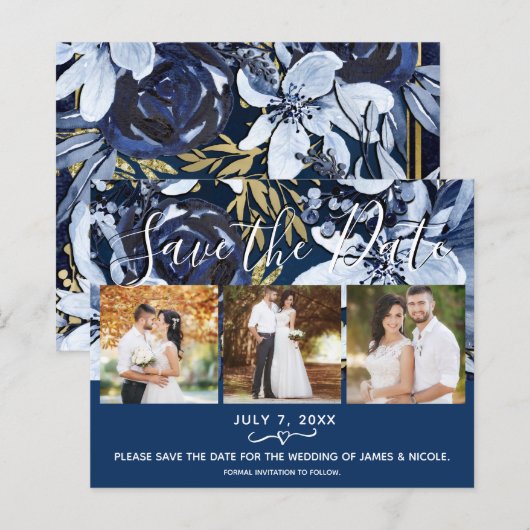 ブルーとゴールドのフローラルフォトを使った田舎風の結婚式の保存日付カード (正面/裏面)